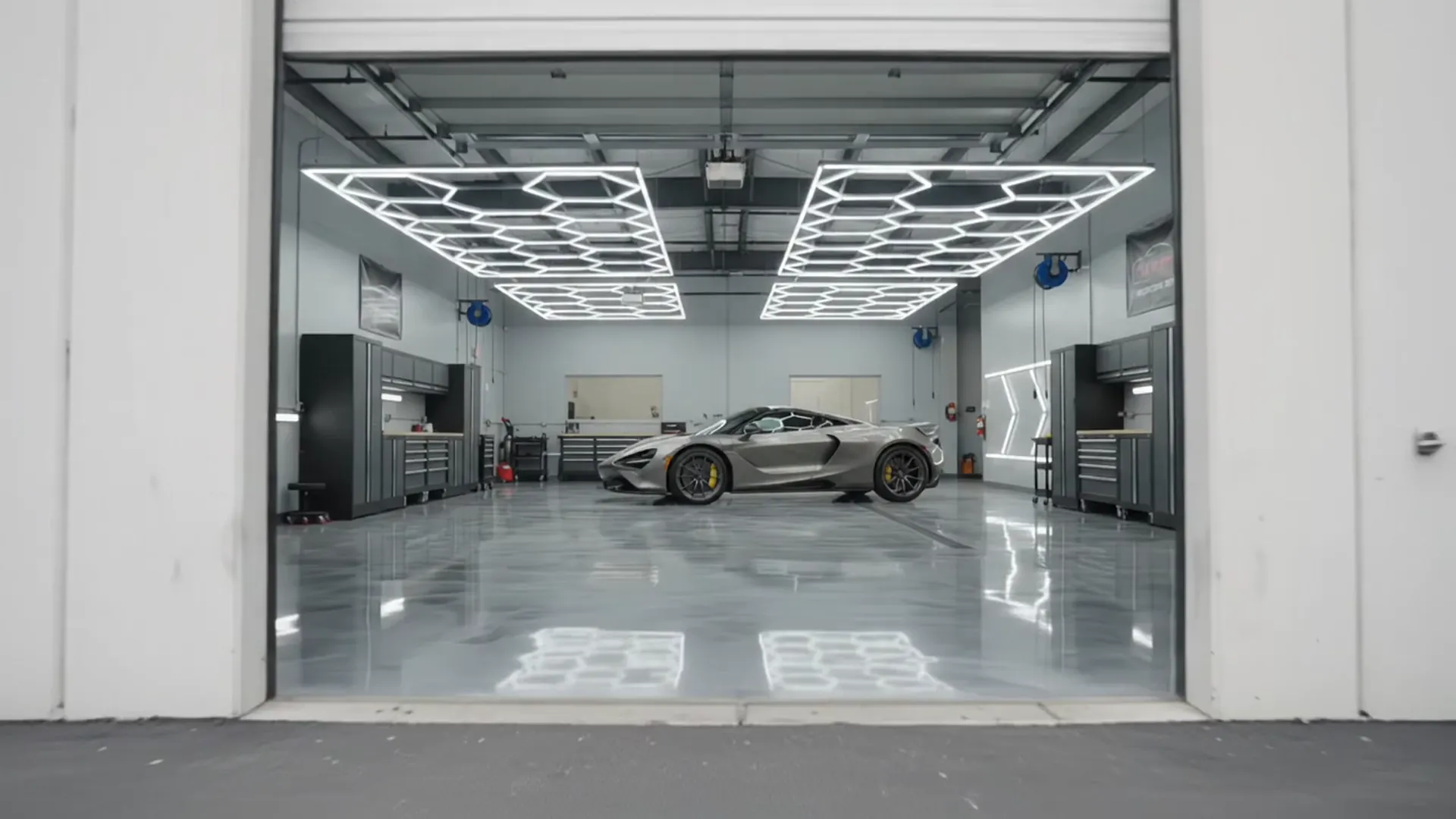Estudio de Detailing Automotriz APEX LAB con luces de inspección hexagonales